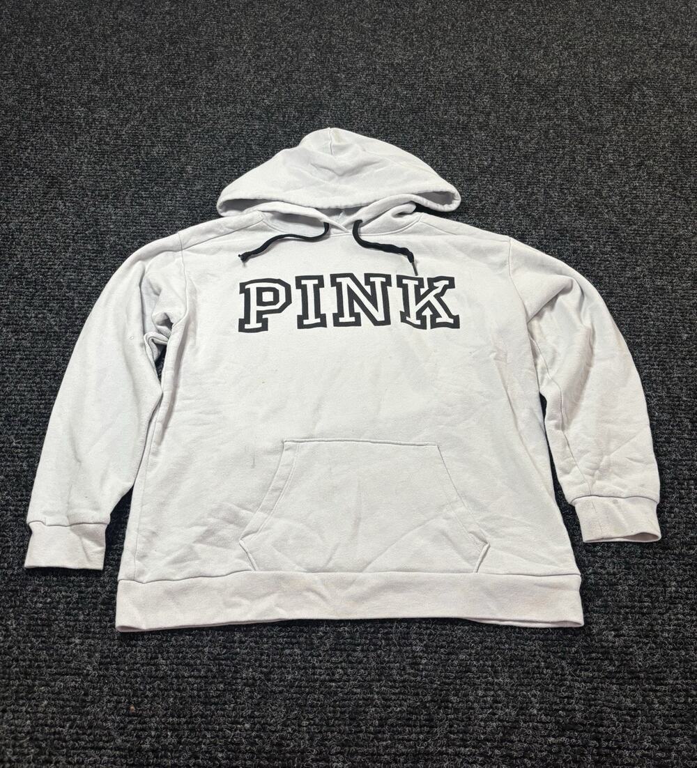 PINK Victoria's Secret Women's Pullover Hoodie Gray Logo Fleece Cotton Blend M